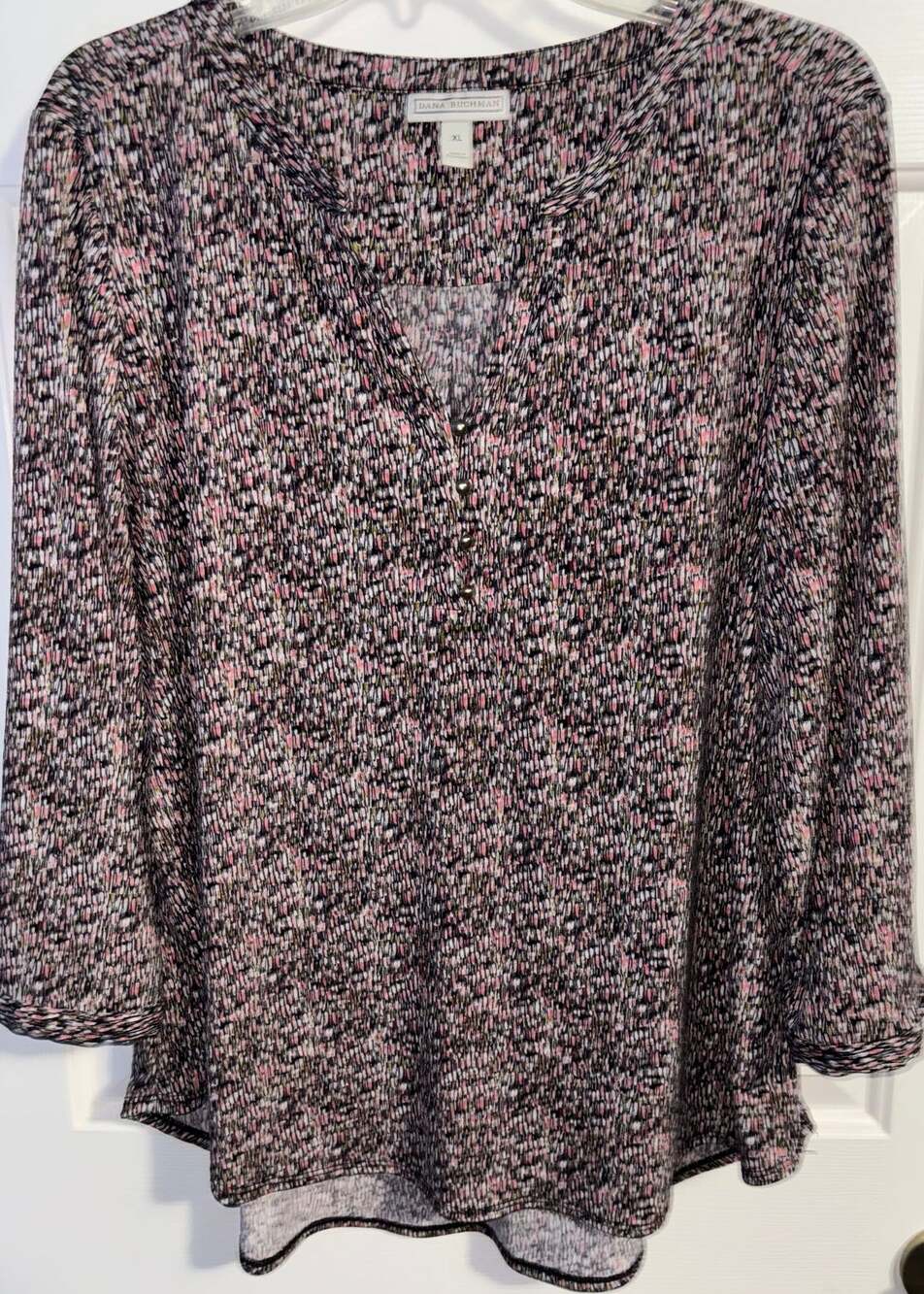 Dana Buchman Top Womens XL Pink Black Confetti Abstract 3/4 Sleeve Henley Blouse